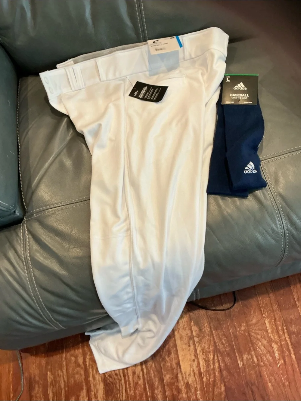 Champro Men's White Baseball Pants Large New with tags and Adidas Navy socks L